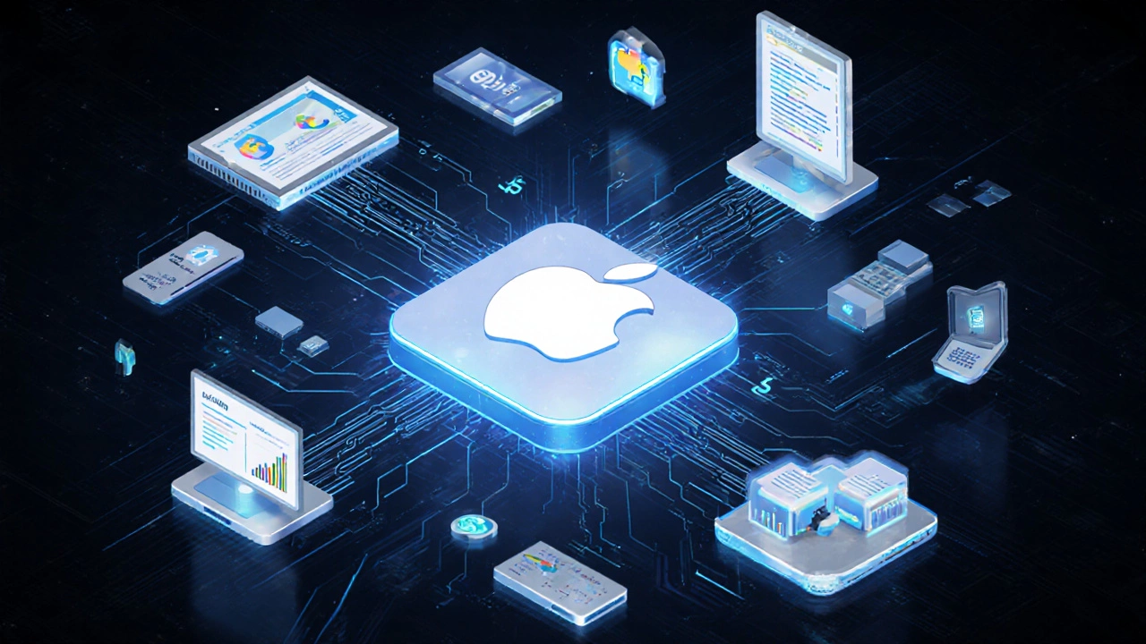 Абстрактная схема бэкенда Apple: Swift, Python, Objective-C и C++ работают вместе в единой системе.