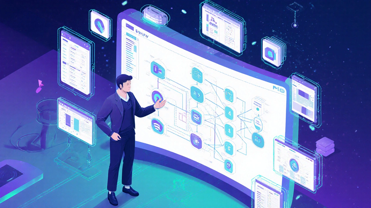 Архитектор показывает диаграмму системы и макеты интерфейсов.