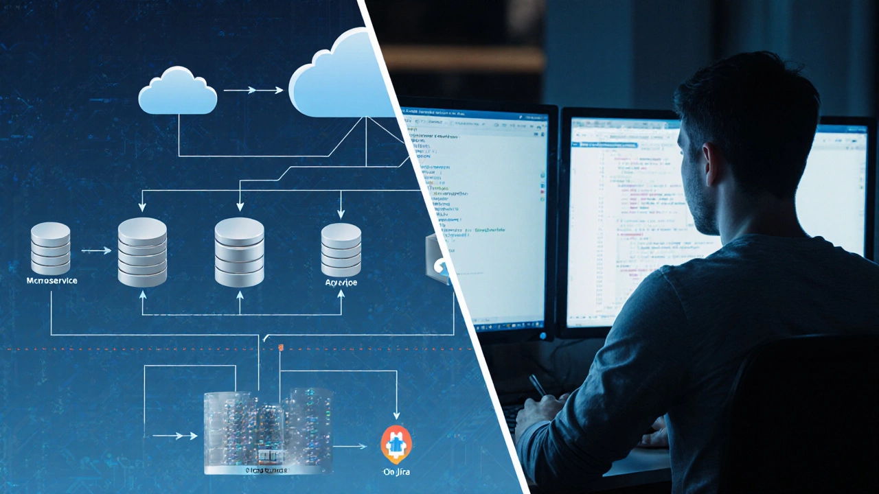 Архитектура программной системы с серверами, базами данных и кодом на экранах.