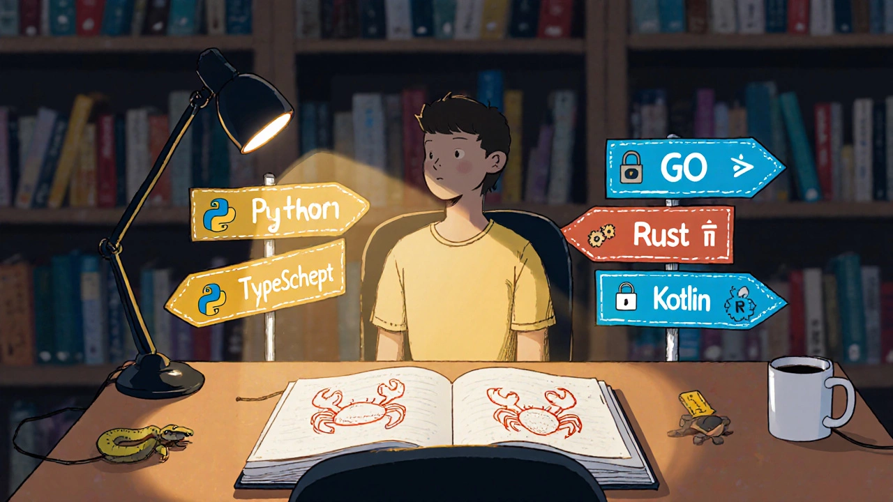 Человек выбирает язык, дорожные указатели к Python, TypeScript, Go, Rust, Kotlin.