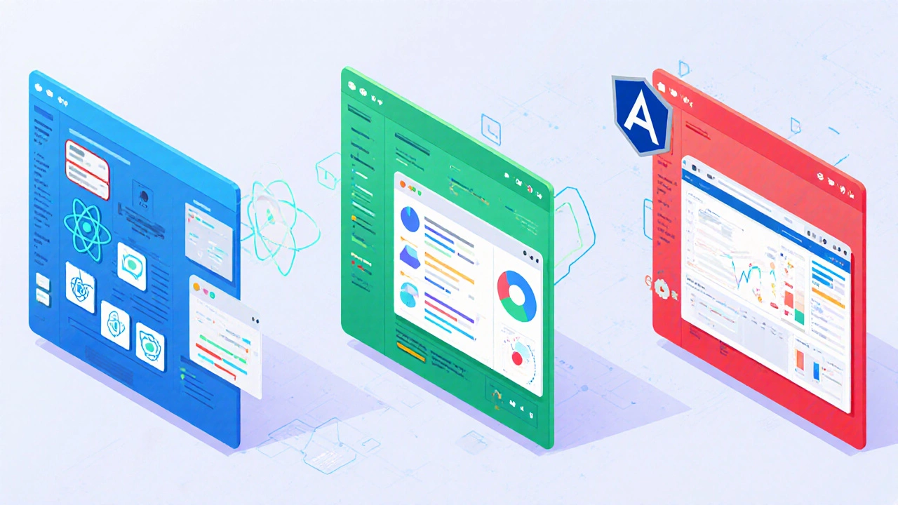 Дашборд SPA с панелями React, Vue и Angular, показывающими интерактивные UI‑элементы.