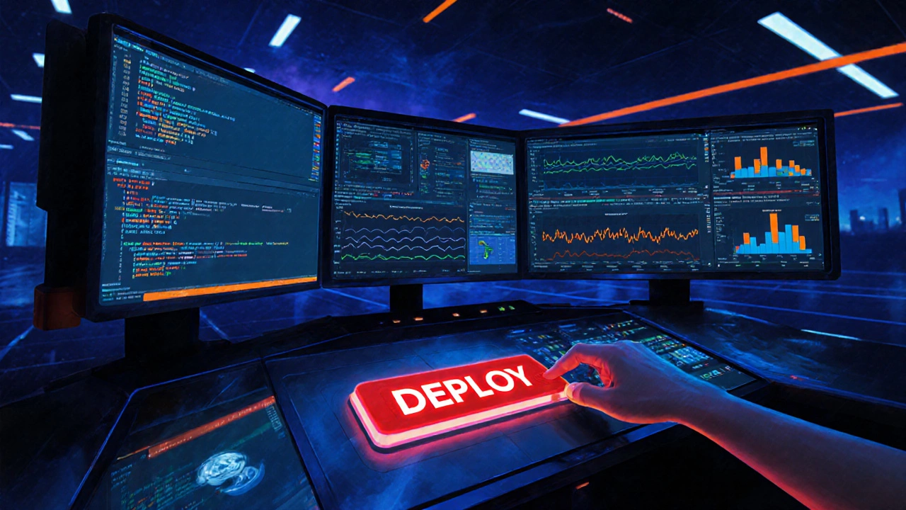 ДевОпс‑центр с мониторами CI/CD и кнопкой «Deploy».