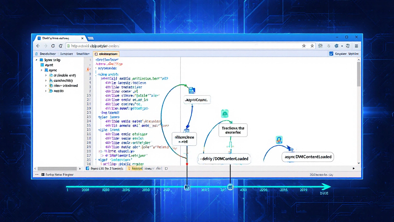 DevTools с сетью: три скрипта отмечены как async, defer и module, показывая их загрузку и исполнение.