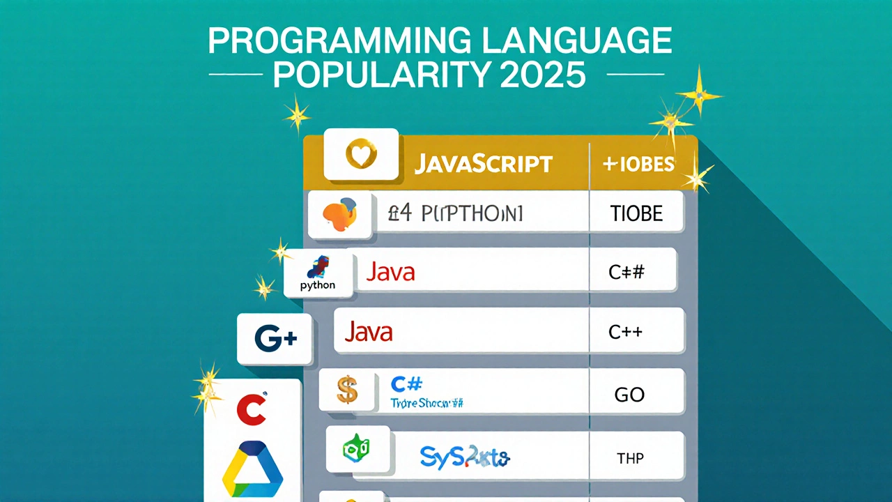 Доска лидеров с логотипами языков, показывающая JavaScript на первом месте.
