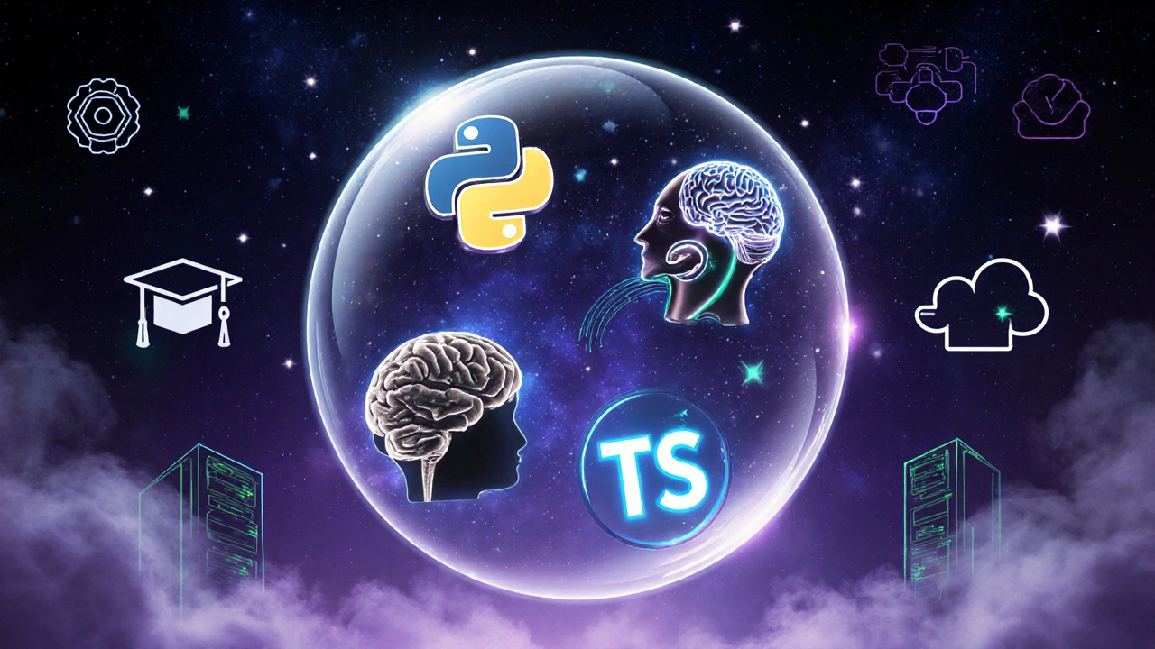 Футуристическая композиция, изображающая WebAssembly, AI‑Python, Rust, TypeScript и обучение.