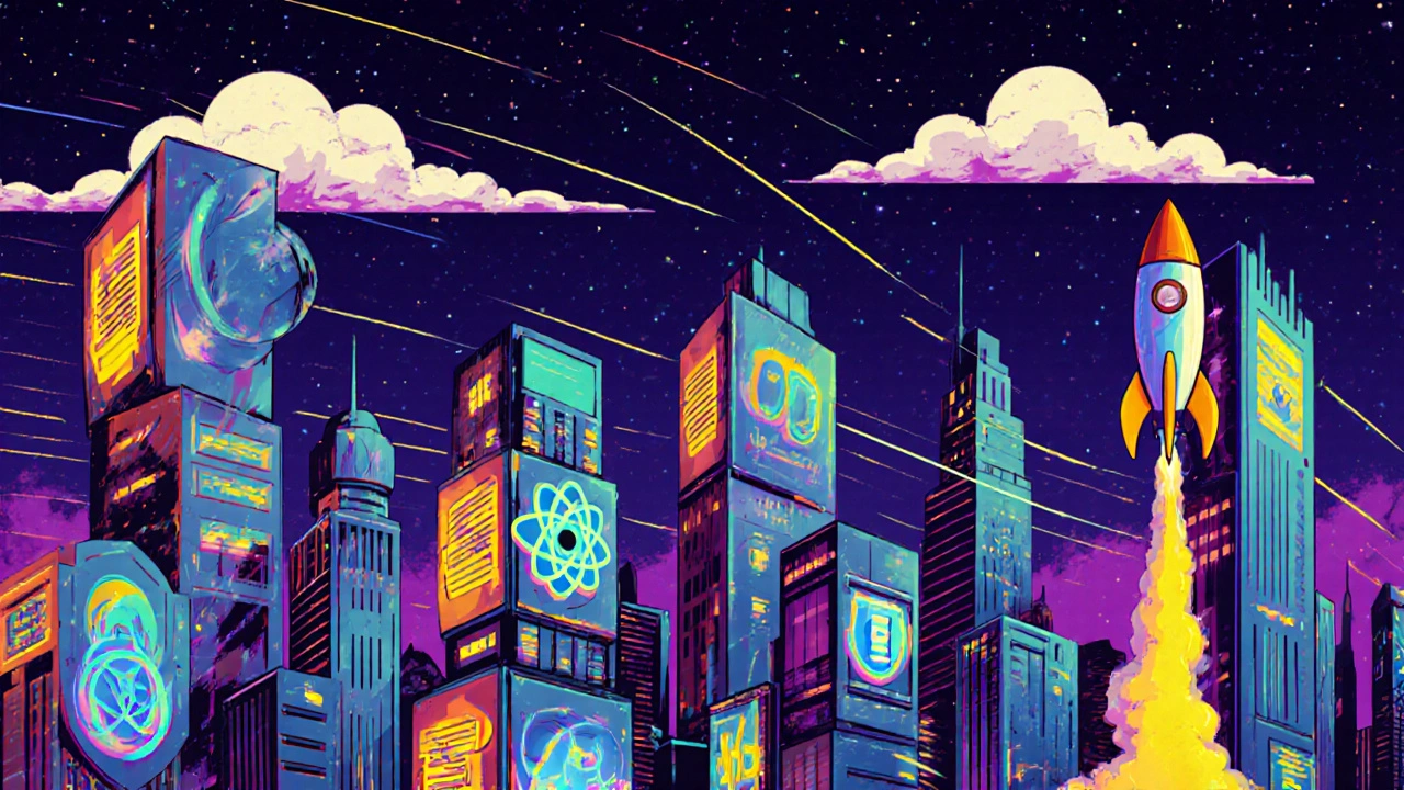 Город из веб-технологий: JavaScript, React и TypeScript создают футуристическую сеть.