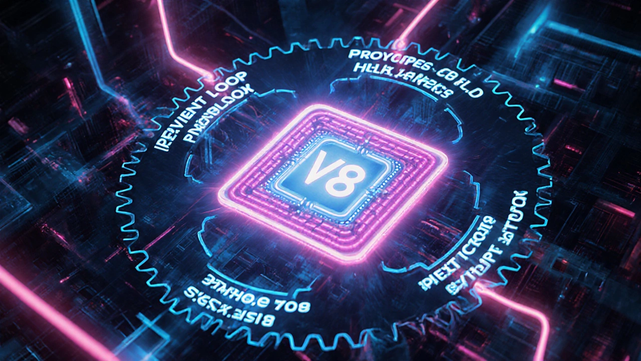 Графическое изображение ядра V8 с неоновыми шестернями Event Loop, Prototype и JIT, отливающими светом.