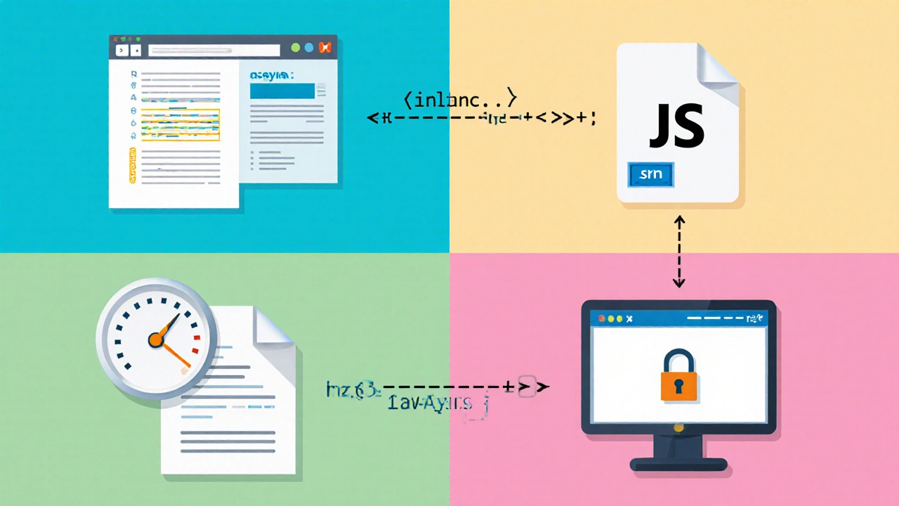 Иллюстрация четырёх способов встраивания скриптов: inline, внешний файл, async/defer, iframe.
