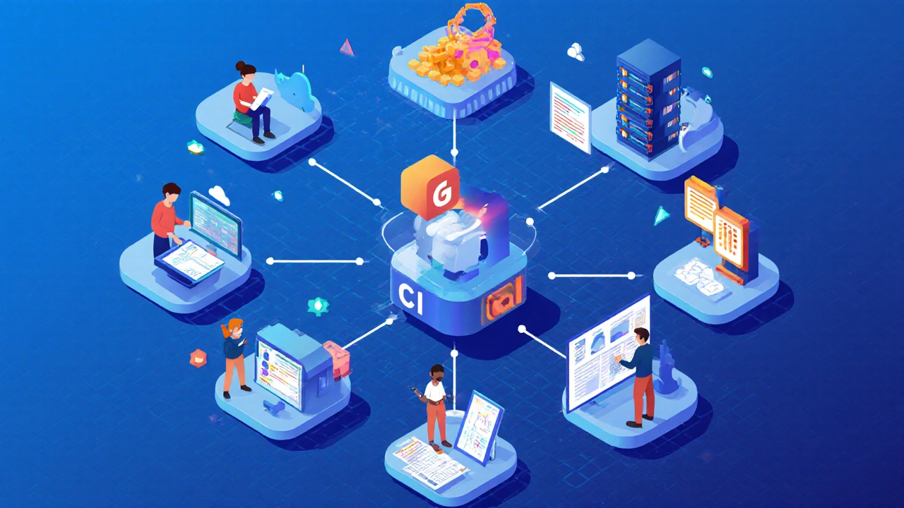 Изображение ролей команды и инструментов: Git, Jenkins, Docker, UI‑дизайнер, тестировщик, менеджер проекта.