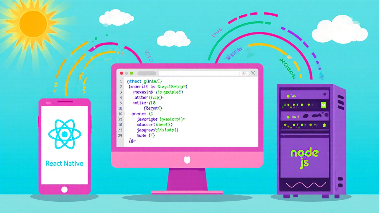 Коллаж из смартфона, компьютера и сервера, соединённых яркими линиями кода JavaScript, символизирующий кроссплатформенность.