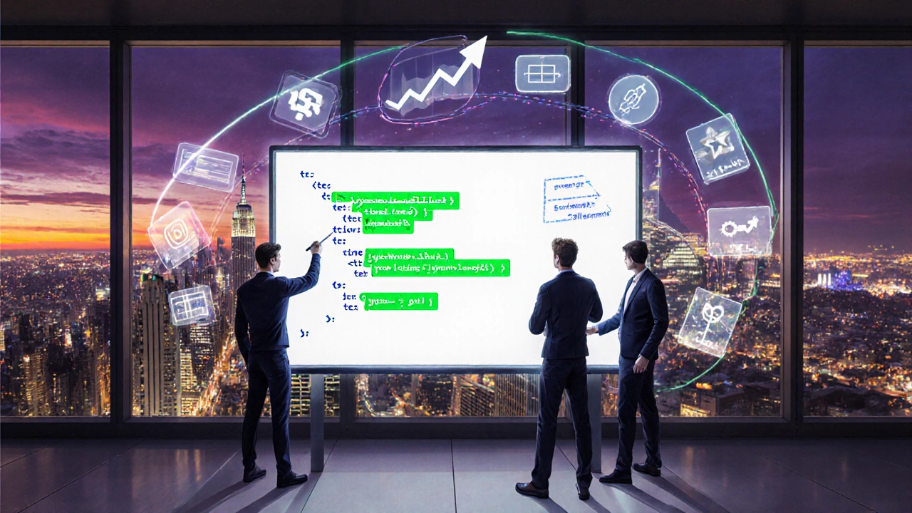 Команда front‑end пишет TypeScript, вокруг голограммы типизации, график роста.