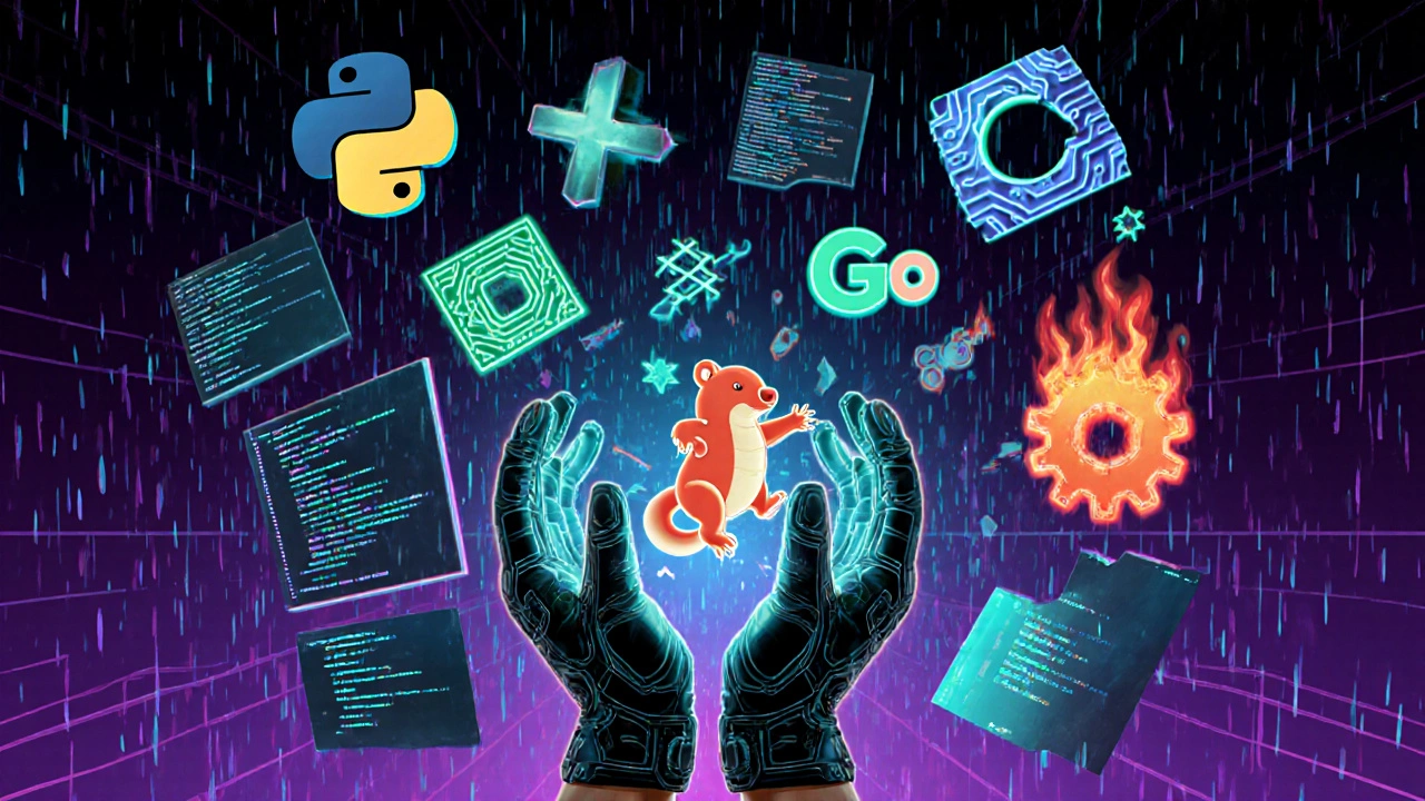 Плавающие фрагменты кода разных языков (Python, JavaScript, C/C++, Go, Rust, Bash, PowerShell) в киберпанк‑стиле.