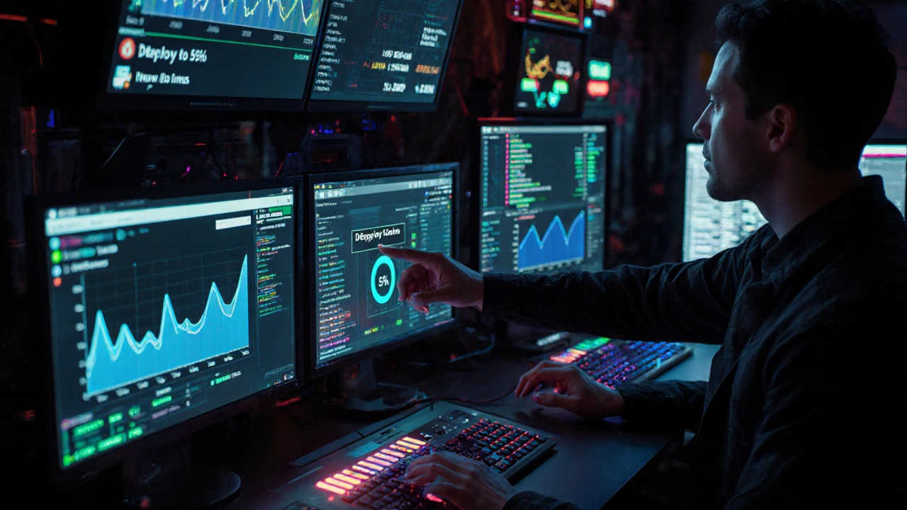 Процесс релиза ПО в контрольной комнате с мониторами и индикаторами развертывания.