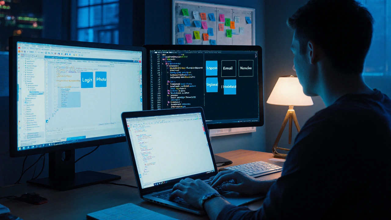Разработчик работает за компьютером с экранами Git, Jira и кода, рядом — доска Kanban с цветными стикерами.