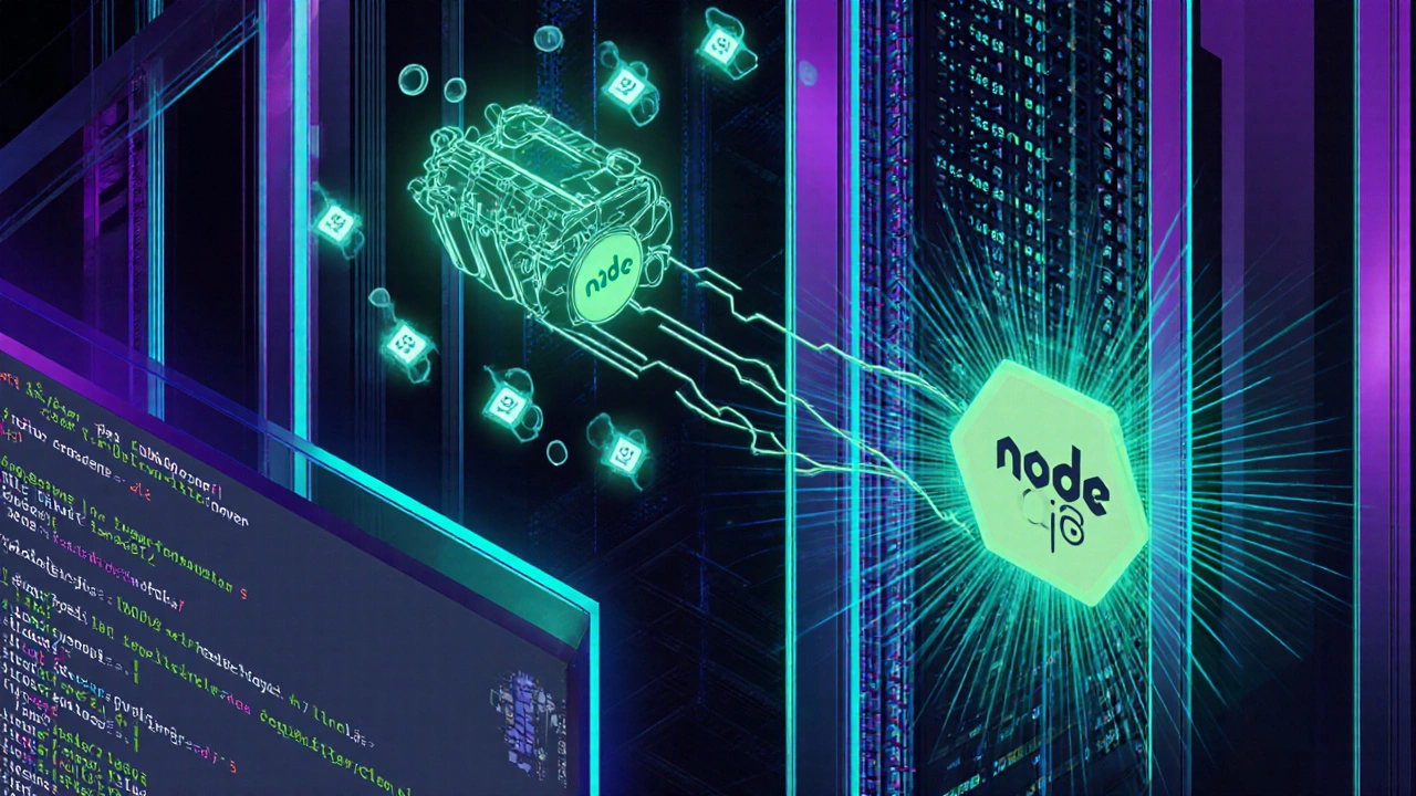 Серверные стенды Node.js с плавающими JSON‑пакетами и светящимся движком V8.