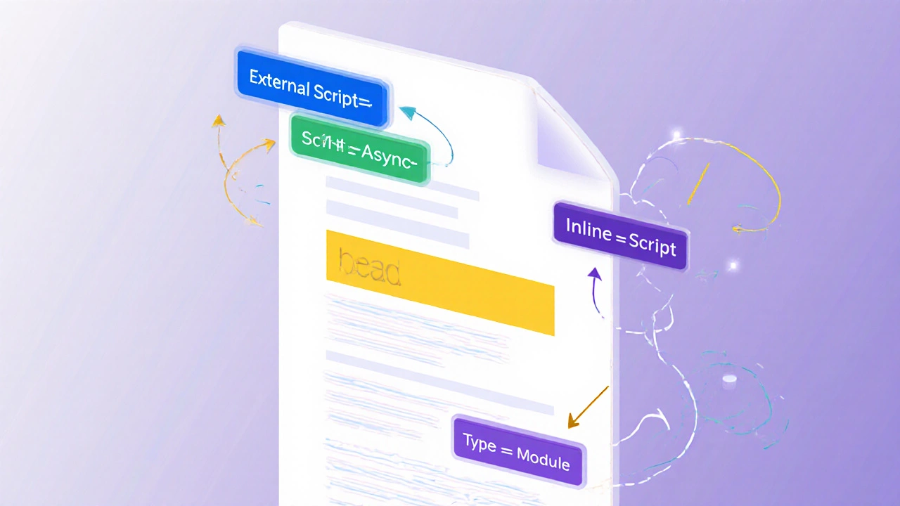 Схематичное изображение размещения скриптов: defer внизу body, async в head, inline и module.