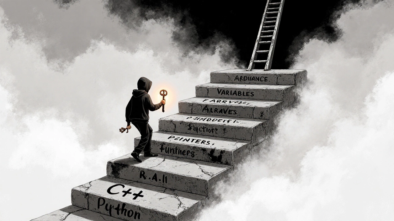 Человек поднимается по лестнице с концепциями C++, в то время как другой путь рушится в тьму.