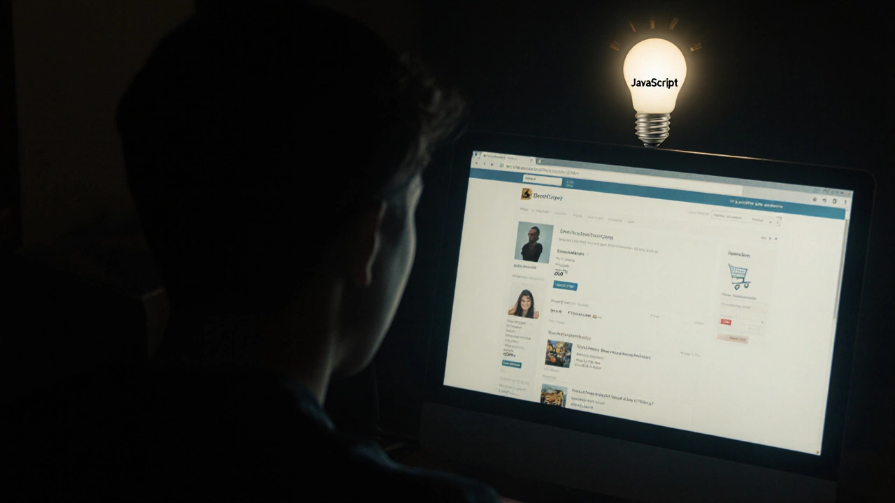 Человек в темной комнате смотрит на экран, на котором постепенно возвращаются интерактивные элементы сайта после включения JavaScript.