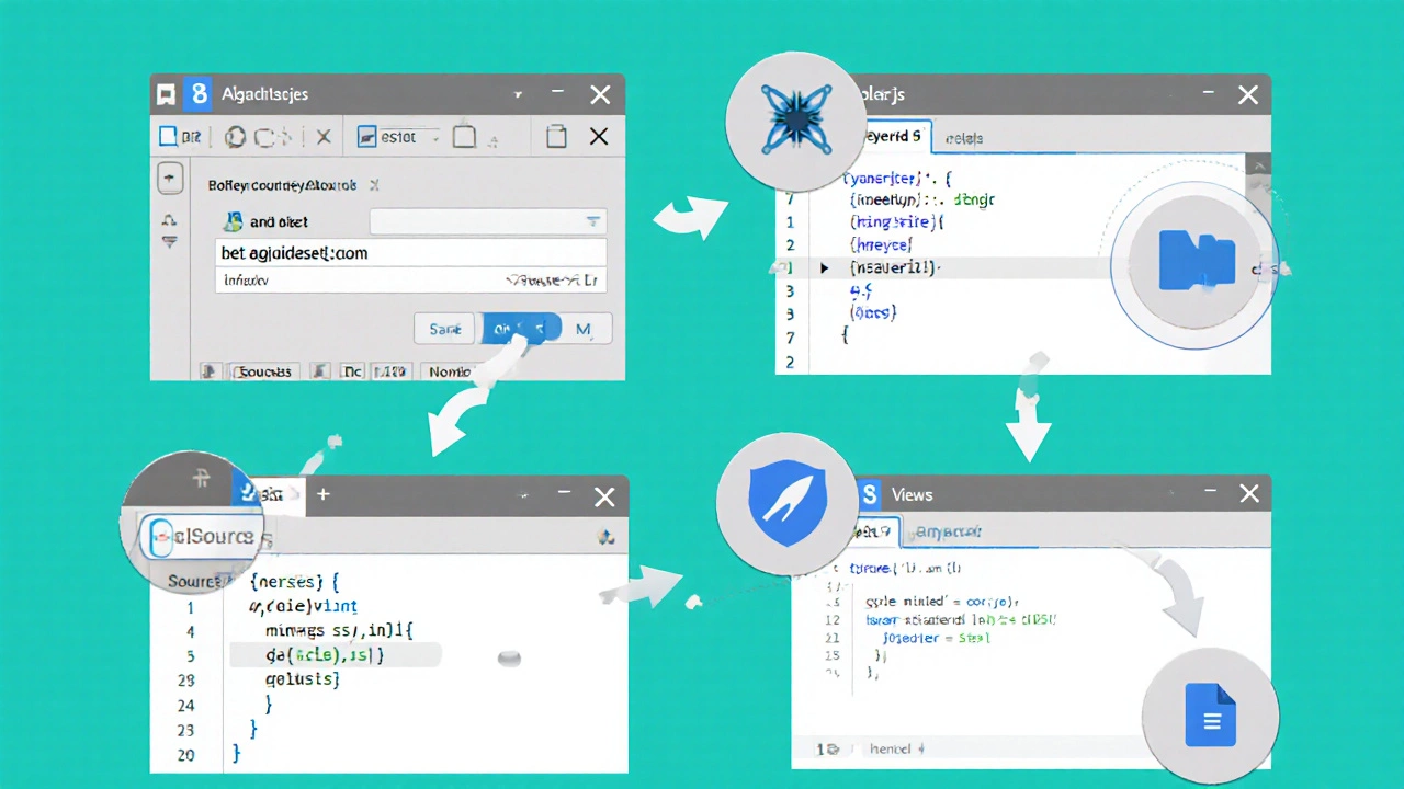 Четыре шага открытия и редактирования JavaScript-файла в браузере, изображённые в виде иллюстрации
