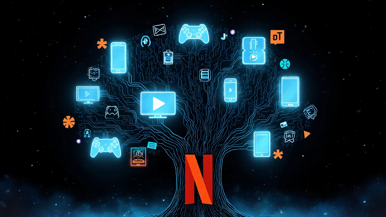 Дерево из кода JavaScript с листьями в виде устройств, подключённых к Netflix.