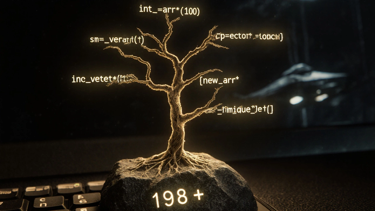 Дерево из кода показывает разные способы хранения данных в C++, с корнями в 1985 году.