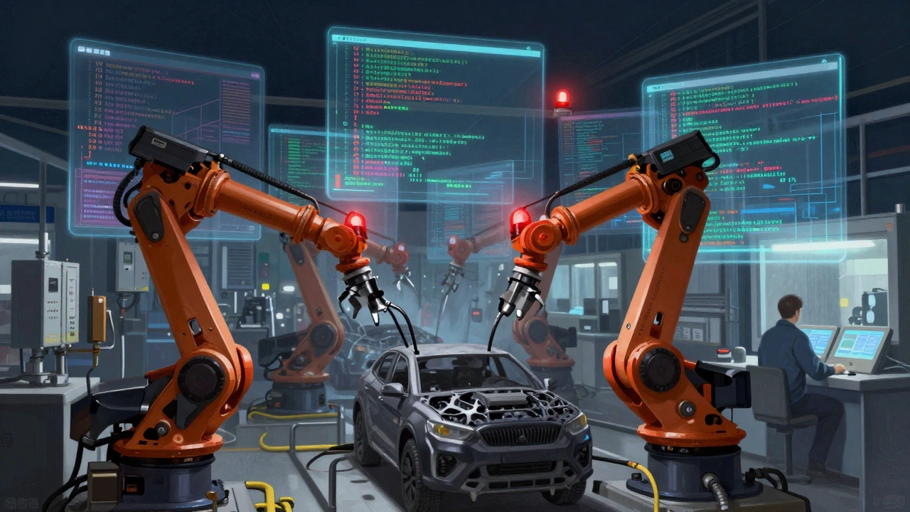 Фабричный цех с роботами и прозрачными потоками кода, символизирующими скрытую работу промышленных контроллеров.