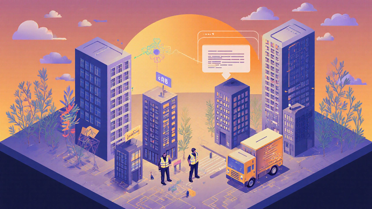 Город в стиле изометрии, где работники символизируют JavaScript, управляющий элементами веб-сайта.