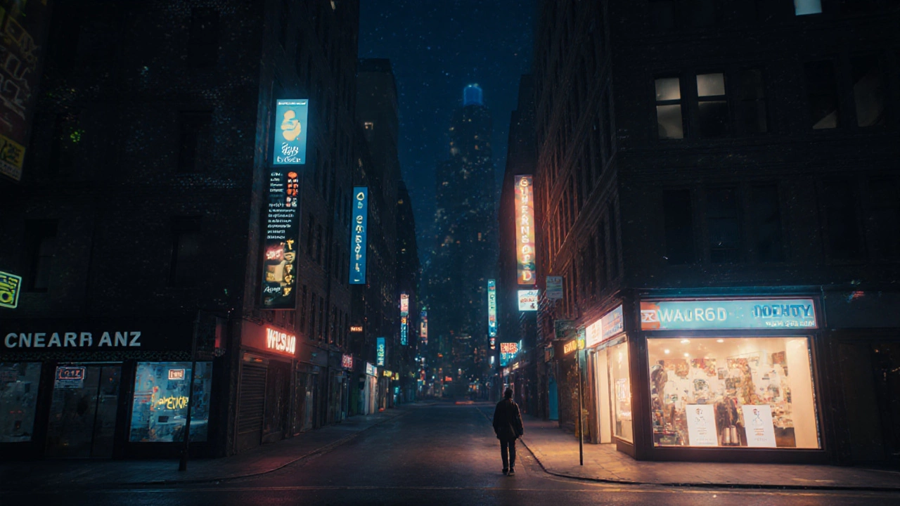 Город веб-сайтов: тёмные здания без взаимодействия и яркие — с анимированными элементами в ночи.