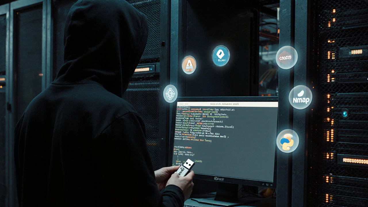 Хакер в серверной с USB-накопителем и старым сервером CentOS 6, где Python-скрипт экстрагирует данные через DNS-запросы.