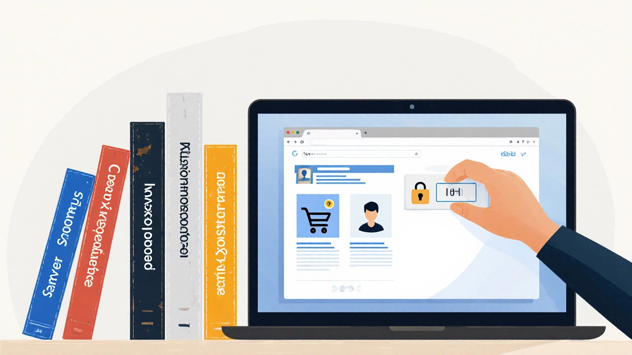 Книжная полка с метками &#039;Сервер&#039;, &#039;Куки&#039;, &#039;Локальное хранилище&#039;, рядом ноутбук с заблокированным корзиной и профилем.