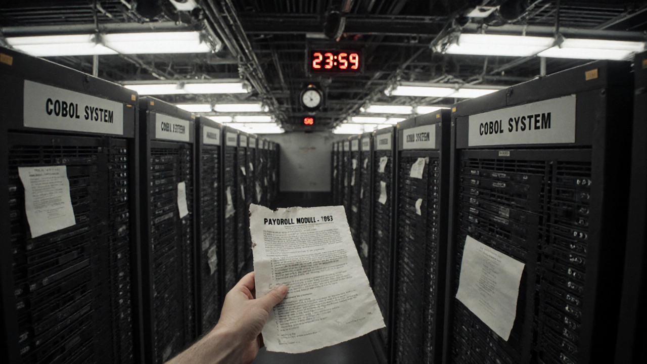 Огромный серверный зал с системами на COBOL, старые бумажные ленты и мигающие огни в темноте.