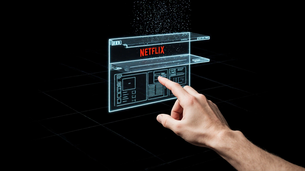 Прозрачный интерфейс Netflix с потоками данных, отражающими действия пользователя.