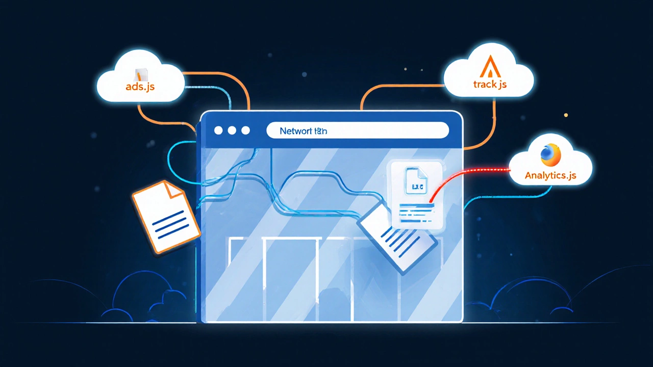 Прозрачный веб-сайт с glowing JavaScript-проводами, соединяющими его с внешними сервисами.