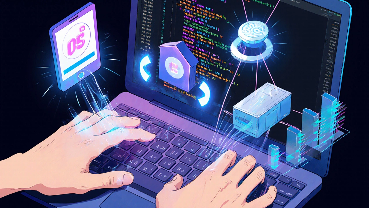 Разработчик печатает код, а вокруг него возникают визуализации: мобильное приложение, умное устройство, 3D-модель и анимированная диаграмма.