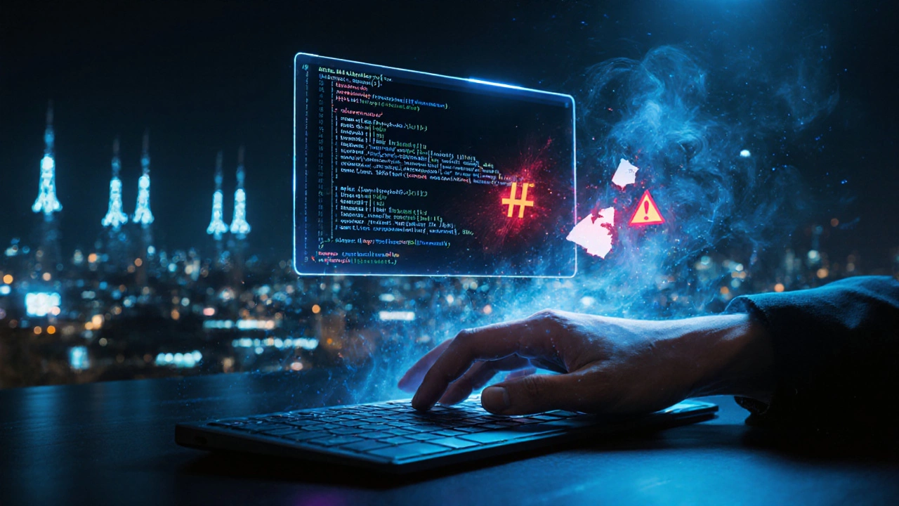 Рука над клавиатурой с голографическим выводом консоли браузера и предупреждающими кодами.
