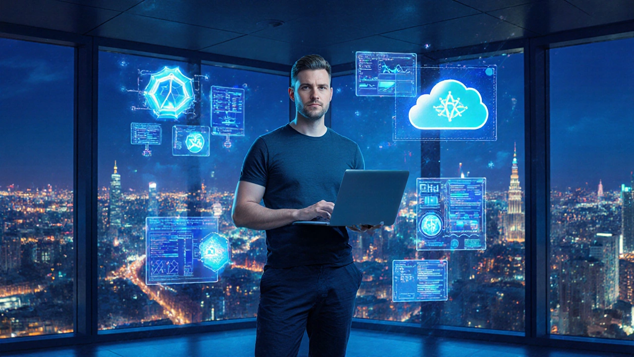 Сеньор-разработчик в Москве стоит в офисе с панелями облачных систем и ИИ, за окном — огни города.