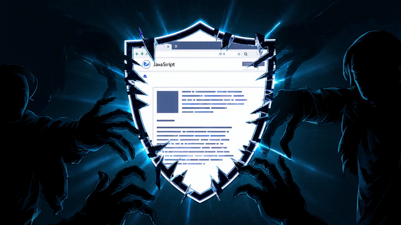 Щит из сломанных JavaScript-скриптов защищает чистую веб-страницу от теней трекеров и вредоносных программ.