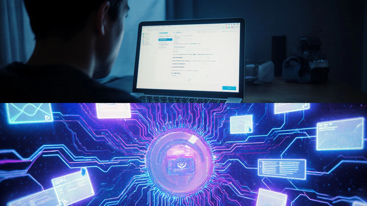 Сplit-экран: пользователь смотрит на неработающую форму и внутри машины — текут коды JavaScript.
