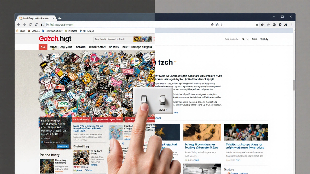 Сравнение: слева — загружающийся с рекламой сайт, справа — та же страница без JavaScript, рука переключает кнопку &#039;JS: OFF&#039;.