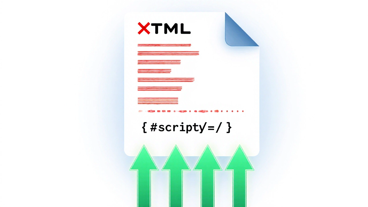 Структура HTML с скриптом в конце body — контент отображается быстро, блокирующие скрипты зачеркнуты.