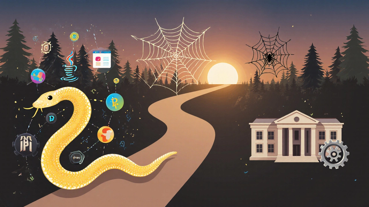 Три пути программирования: Python, JavaScript и Java, изображённые как символические тропы