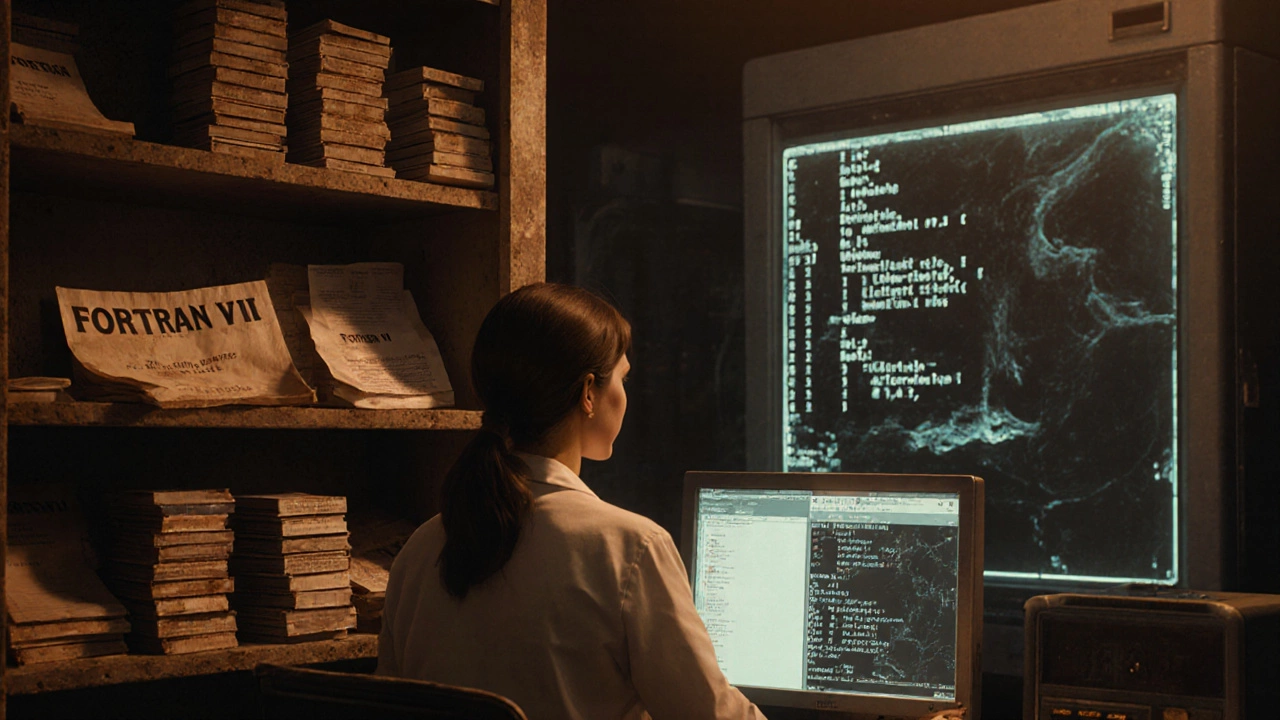 Ученый смотрит на симуляцию в Fortran, вокруг — стопки перфокарт и старые распечатки в библиотеке.