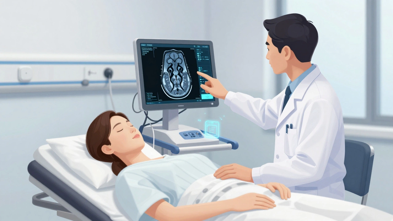 Врач смотрит на цифровой снимок МРТ в больничной палате, пациент спокоен, вокруг — медицинское оборудование.