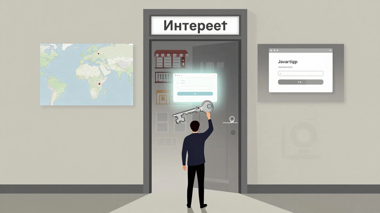 Человек держит сломанный ключ 'JavaScript' перед закрытой дверью 'Интернет', за которой видны разрозненные интерактивные элементы.