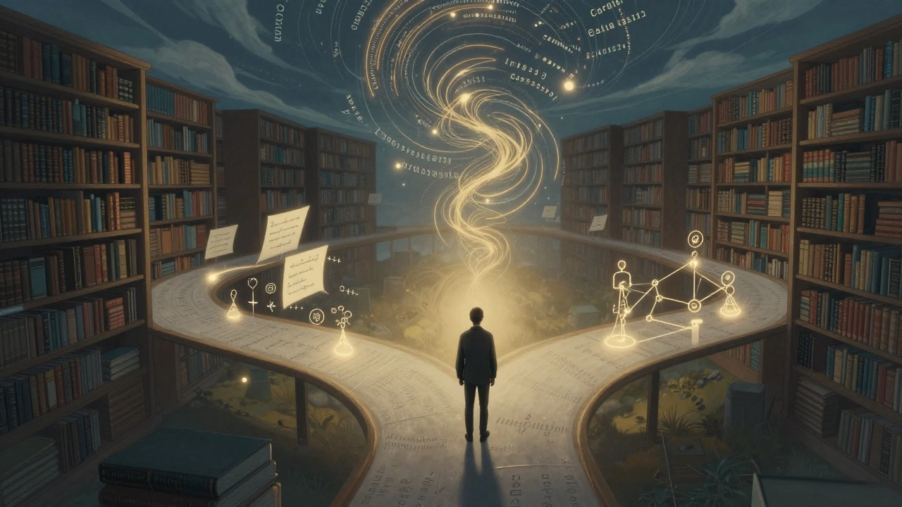 Человек на перекрестке путей, представляющих разные сложные языки программирования.