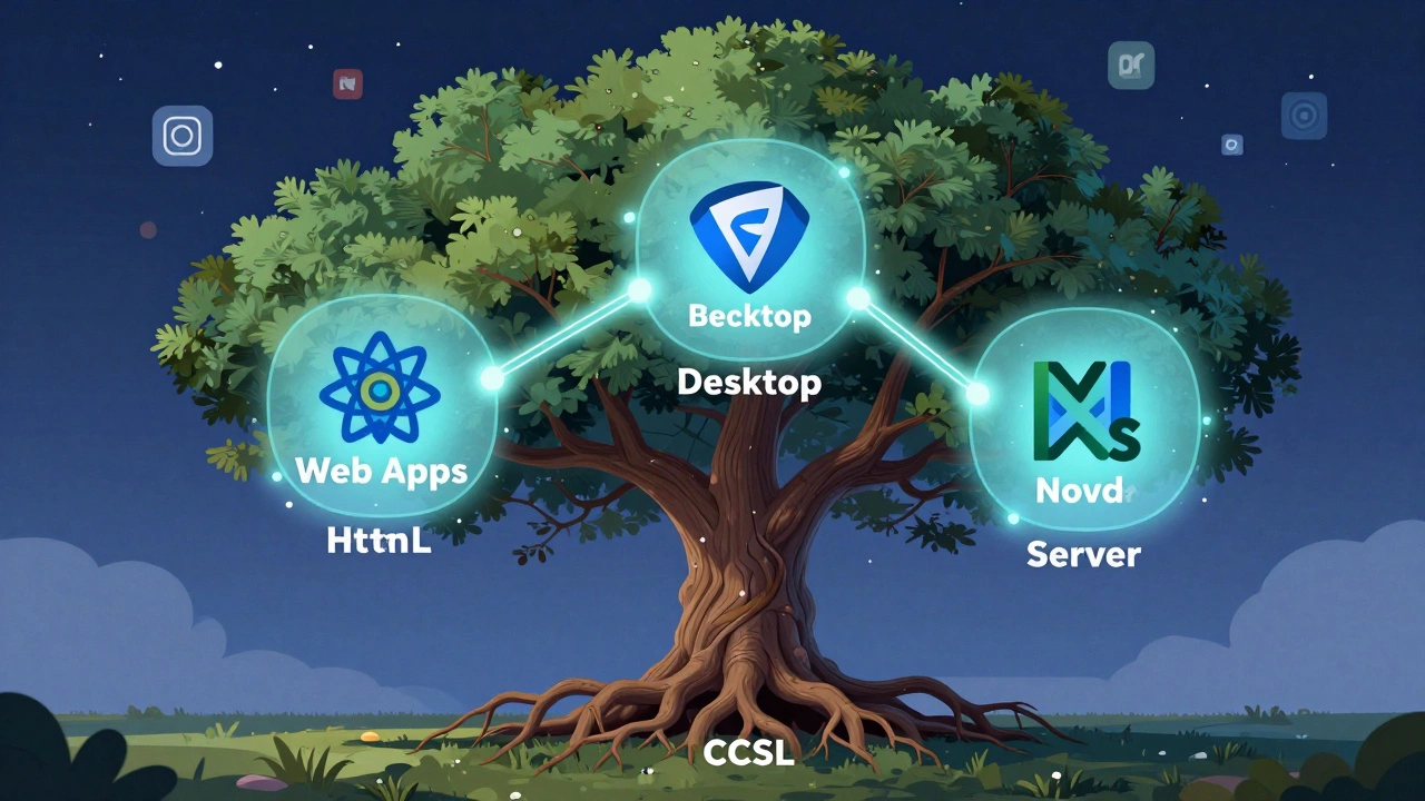 Дерево с корнями HTML и CSS, ветви которого ведут к веб-приложениям, десктопным программам и серверам.