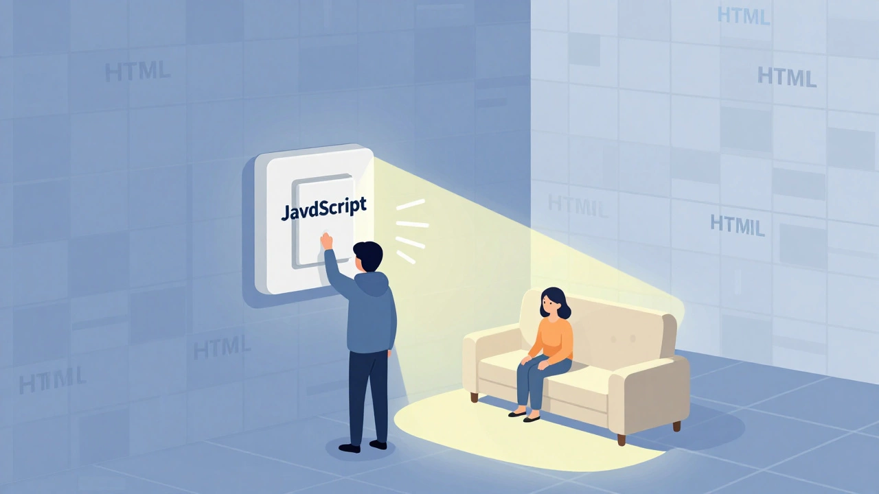 Дом с элементами HTML, CSS и человеком, включающим свет с помощью JavaScript.