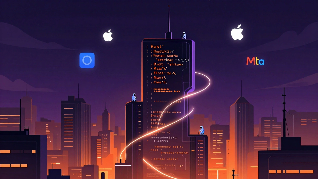 Футуристический небоскреб из кода Rust с логотипами крупных технологических компаний.