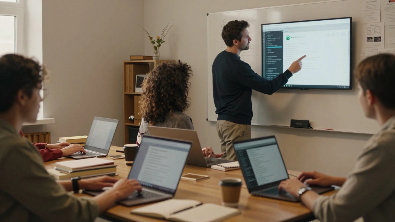 Группа людей в рабочем пространстве обсуждают код и проекты на экранах.