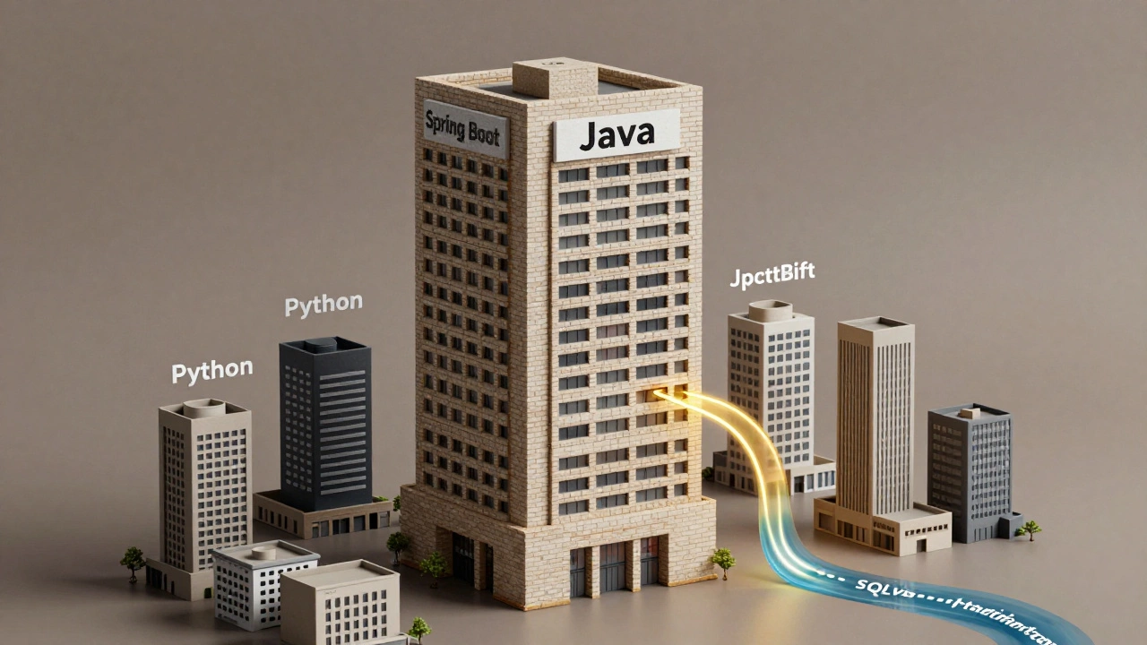 Корпоративное здание из кода Java с потоком SQL-запросов, соединяющим современные технологии.